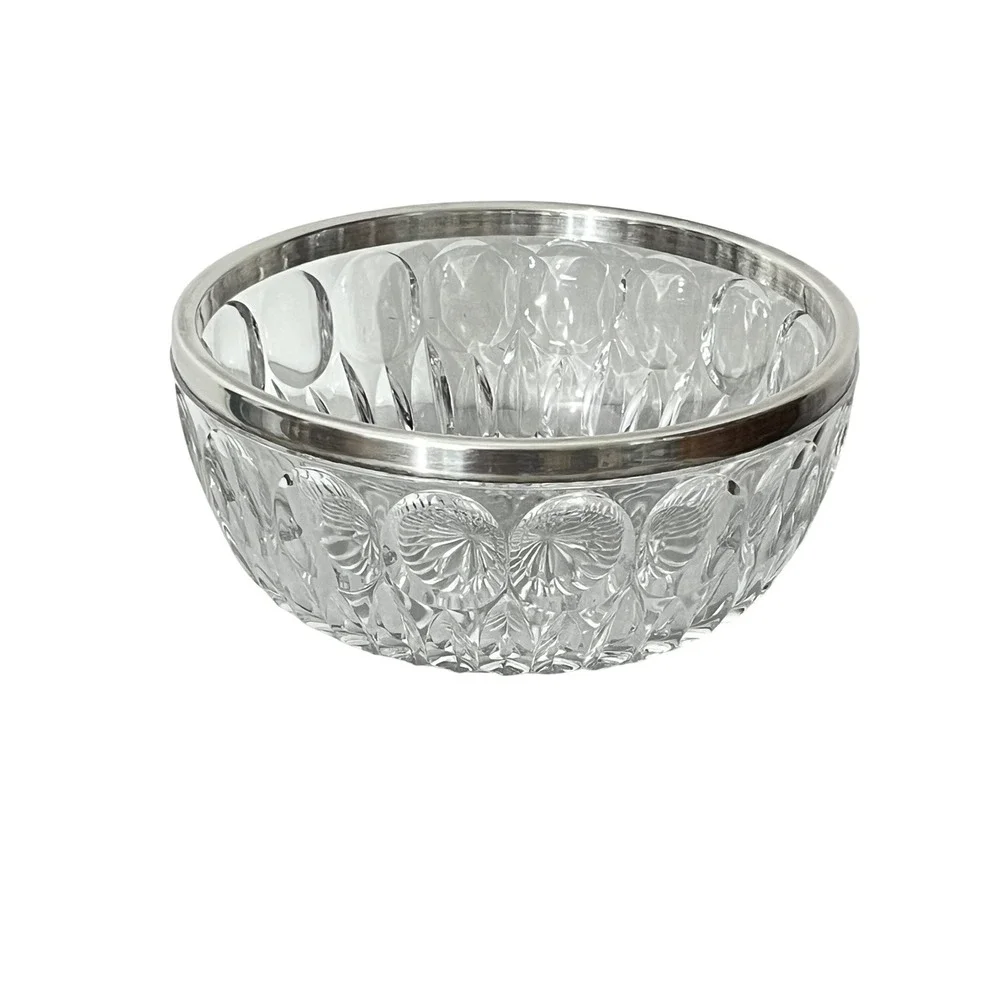 Leonard Crystal Crystal Serving Bowl 8 Inch Clear Silver Rim Cut Glass Decor